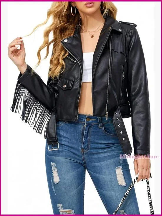 Short Faux Leather Moto Jacket with Tassel Trim and Belt - Picture 1 of 7